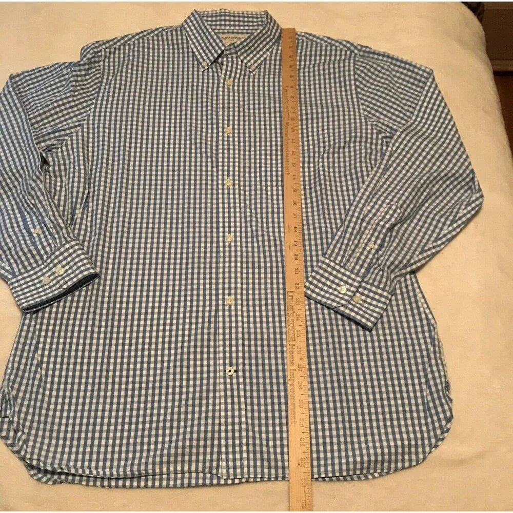 Banana Republic Button Front Shirt Mens XL Blue White Check 100% Cotton EUC